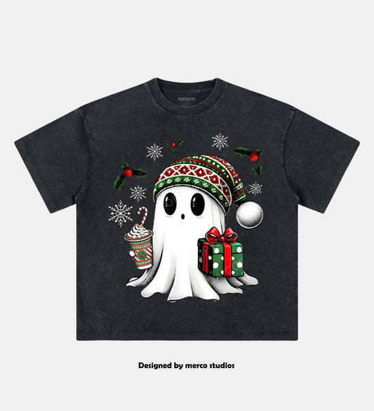 CHRISTMAS GHOST WITH COFFEE AND GIFT TRI ROCKER COTTON TANK