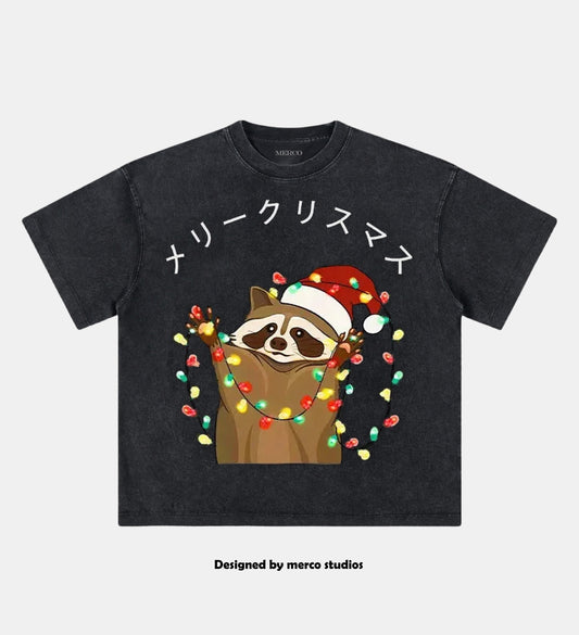 Raccoon Christmas Washed Vintage T Shirt