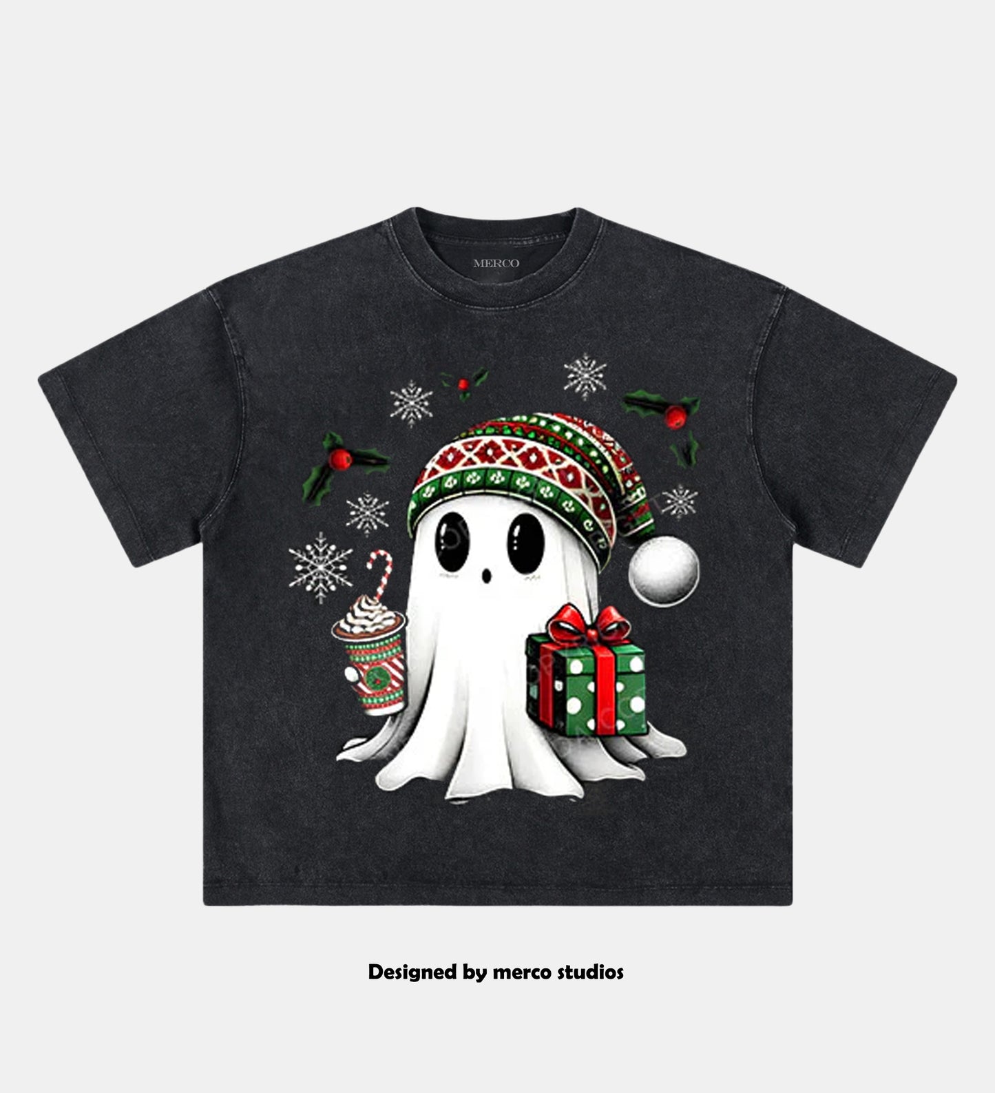 CHRISTMAS GHOST WITH COFFEE AND GIFT TRI ROCKER COTTON TANK