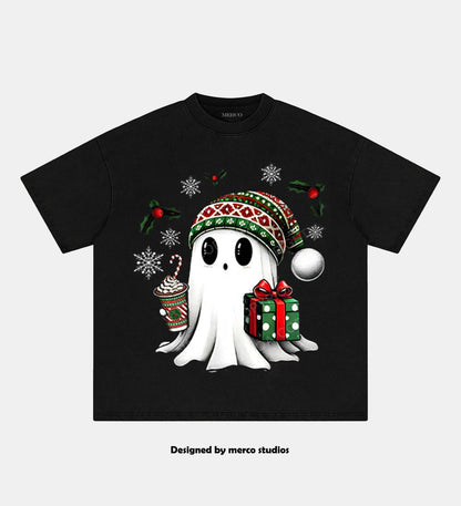 CHRISTMAS GHOST WITH COFFEE AND GIFT TRI ROCKER COTTON TANK