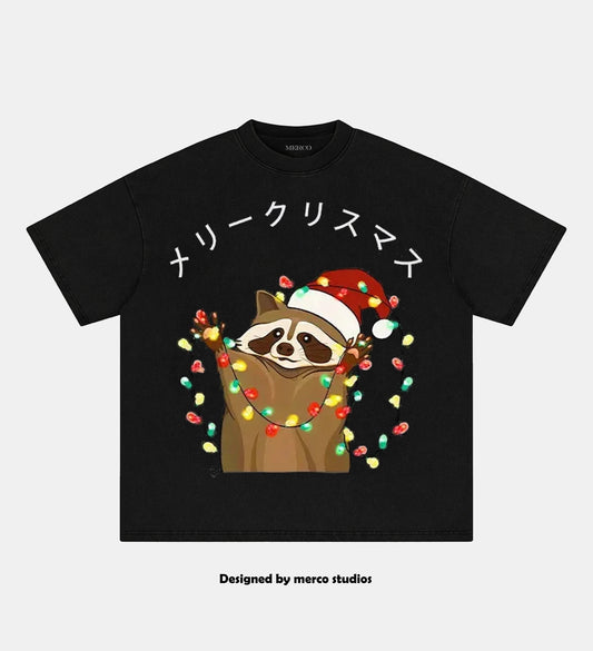 Raccoon Christmas Washed Vintage T Shirt